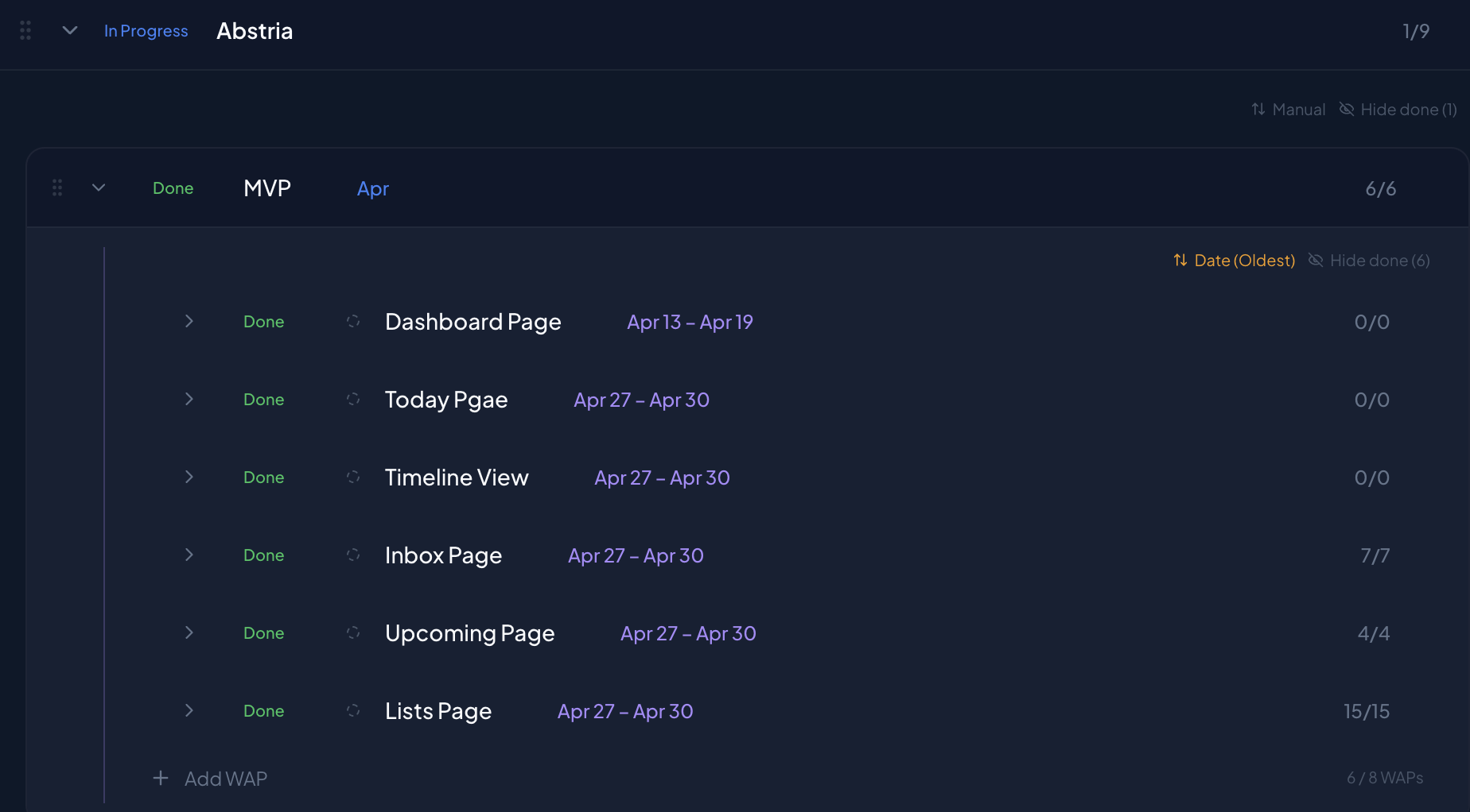 Abstria's own development tasks managed inside Abstria's lists screen